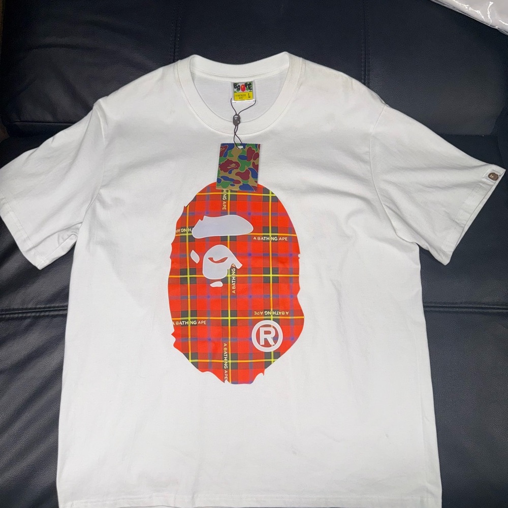 White T-Shirt with Red Plaid Ape Graphic